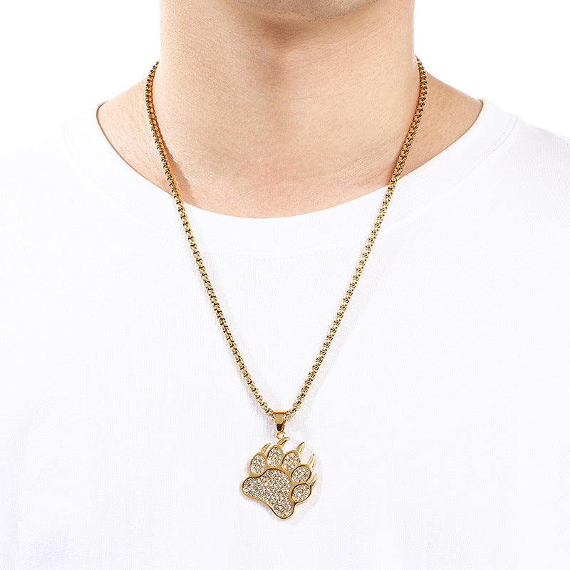 Bear Paw Pendant, Hip-Hop Three-Dimensional Double-Layer Cross Inlaid With Zircon Pendant, Titanium Steel Necklace