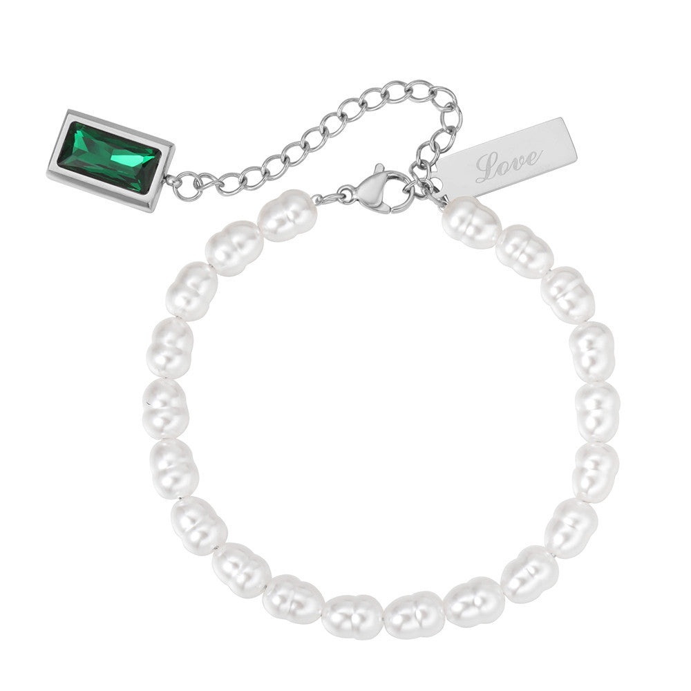 Green Zircon Pearl Bracelet For Women Titanium Steel By Planderful Elegant Statement Jewelry