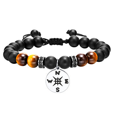 Stainless Steel Corroded Compass Agate Natural Tiger's Eye Beaded Braided Bracelet Steel