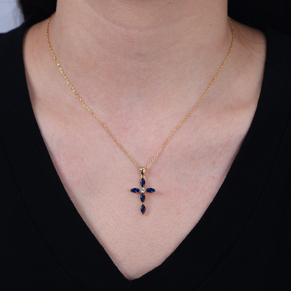 Elegance And Luxurious Full Zircon Cross Sterling Silver Necklace, Blue Pendant