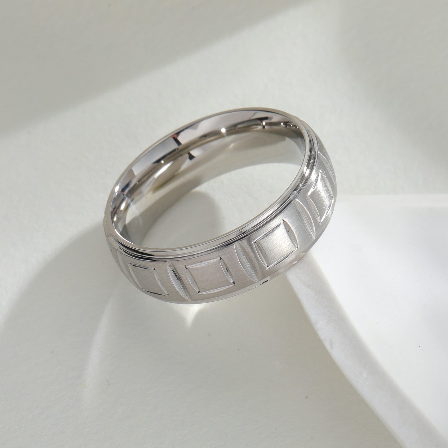 Stainless Steel Ring Unisex Retro Square Pattern Engraving Fade Resistant Durable Planderful