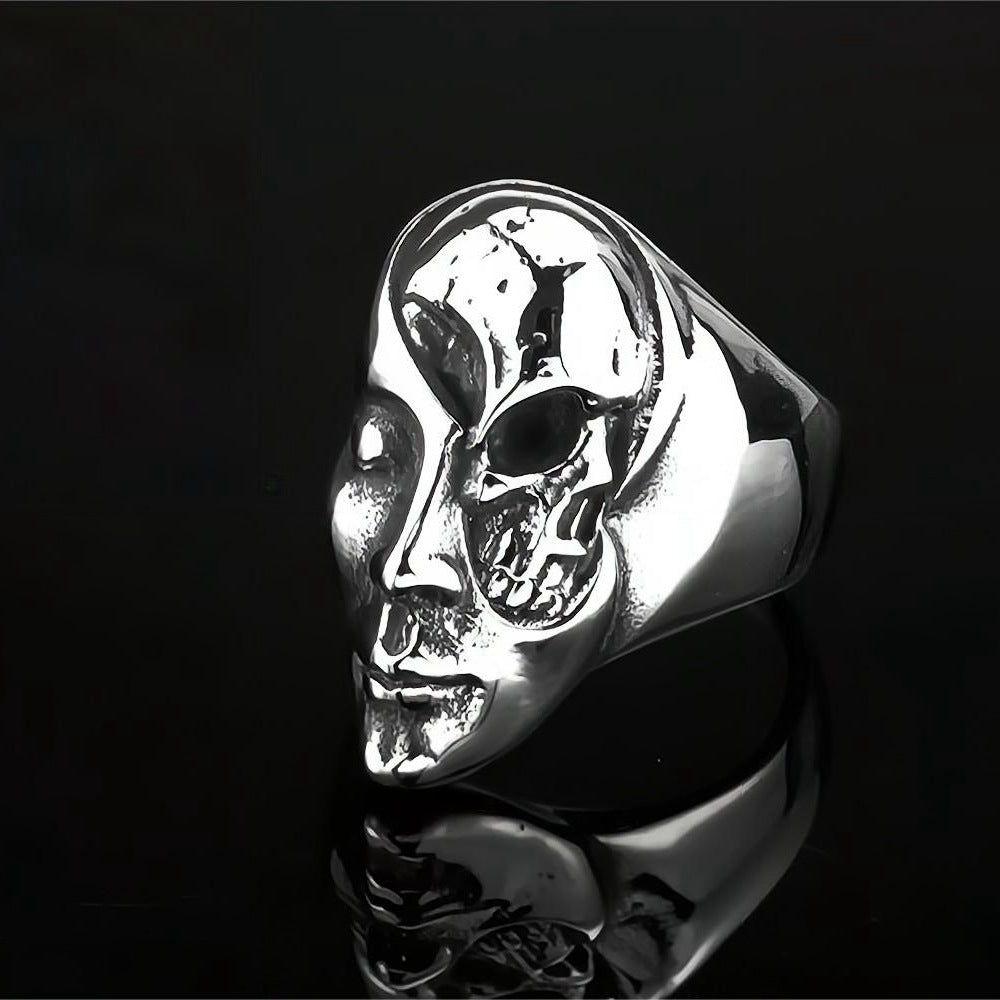 European And American Jewelry Men's Stainless Steel Ring Relief Punk Half Skull Face Retro Personalized Ring