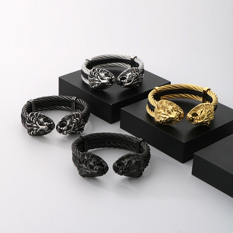 Planderful Titanium Lion Head Leather Bracelet For Men