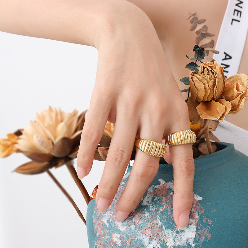 Golden Croissant Texture Ring - Titanium Steel Women's Jewelry