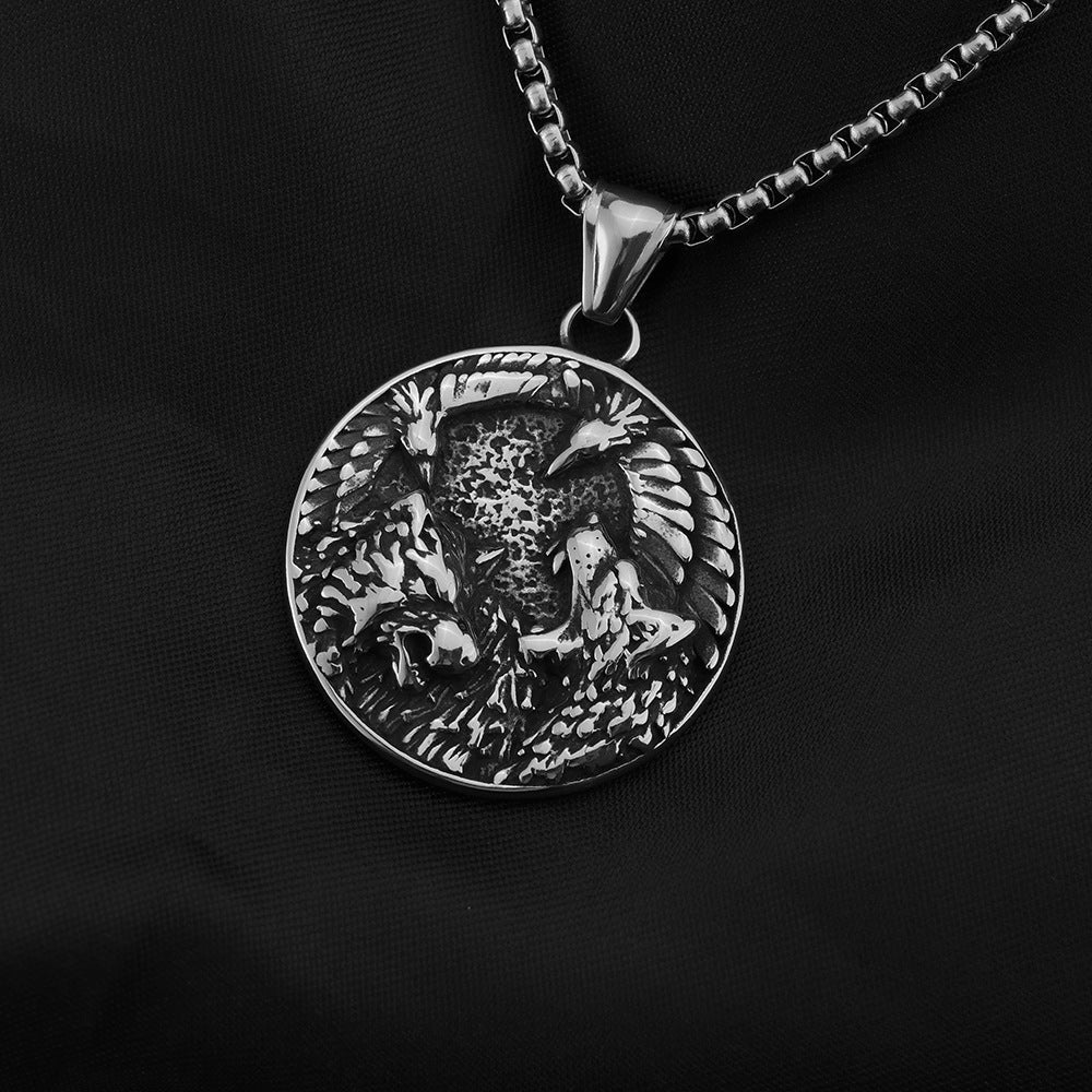 Vintage Nordic Stainless Steel Men's Viking Wolf Crow Pendant