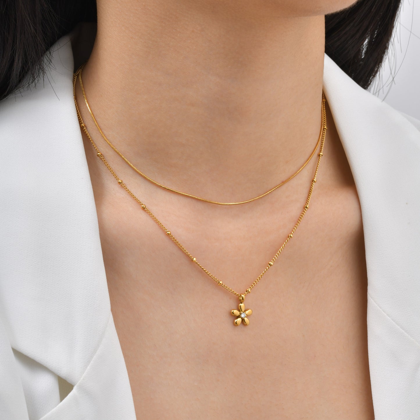 Stainless Steel – French Design Bead Chain Square Snake Chain Flower Double Necklace
