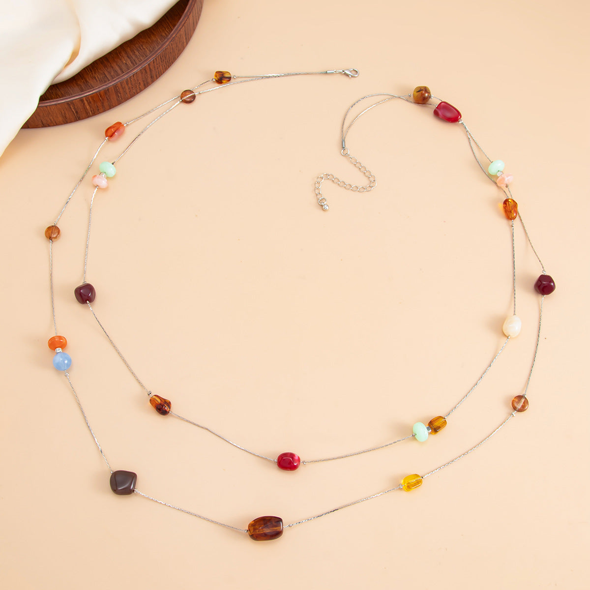 Retro Color Beaded Thin Chain Necklace Holiday Style Double-Layer Mixed Color Long