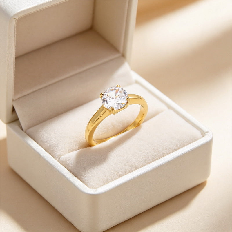 Stainless Steel Marriage Proposal Zircon Ring Four-Claw Inlaid Round Zircon Square