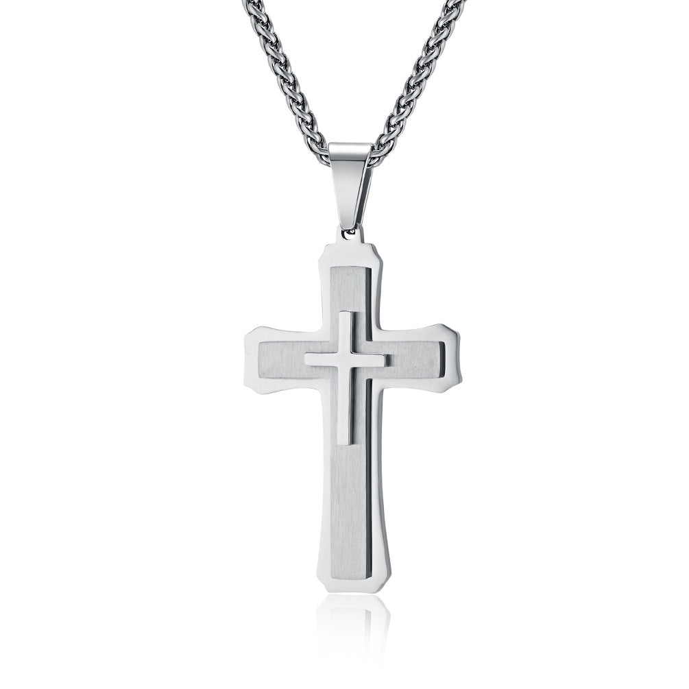Three-Layer Titanium Steel Cross Pendant Necklace for Men