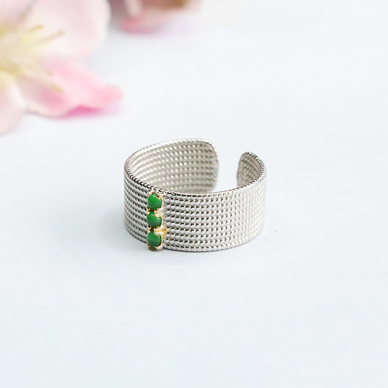 Imperial Green Jade Sterling Silver Wide Band Ring