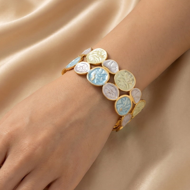 Oval Texture Pearlescent Gradual Change Opening Stainless Steel Bracelet Vacation Style