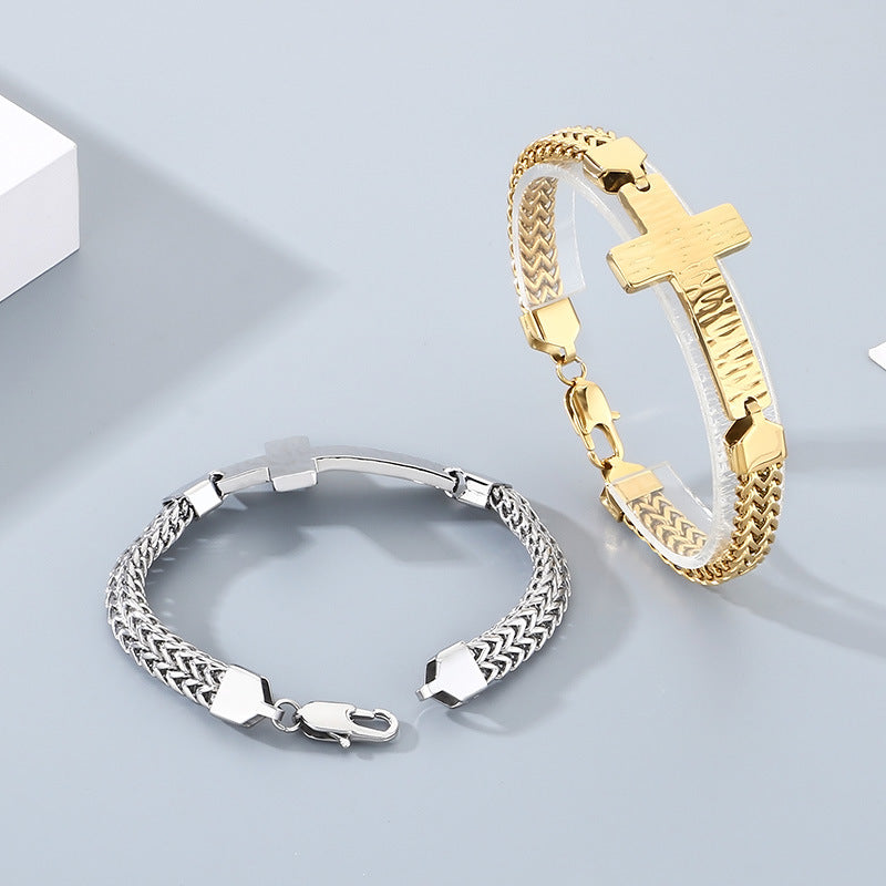 Double-Row Keel Chain Bracelet – Hammer Pattern Texture Bending Brand Cross – Stainless