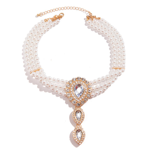 European and American Retro Beaded Choker Necklace with Imitation Pearl and Diamond Droplet Pendant