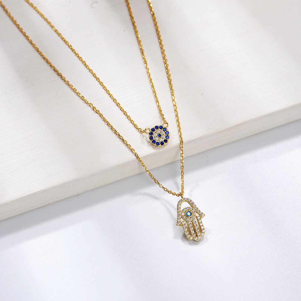 S925 Sterling Silver Shi Family Demon's Eye Hamsa Palm Double-Layer Necklace