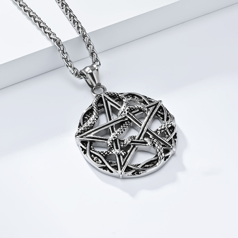 Planderful Pentagram Necklace Titanium Steel With Python Wrapped For Gothic Punk Lovers