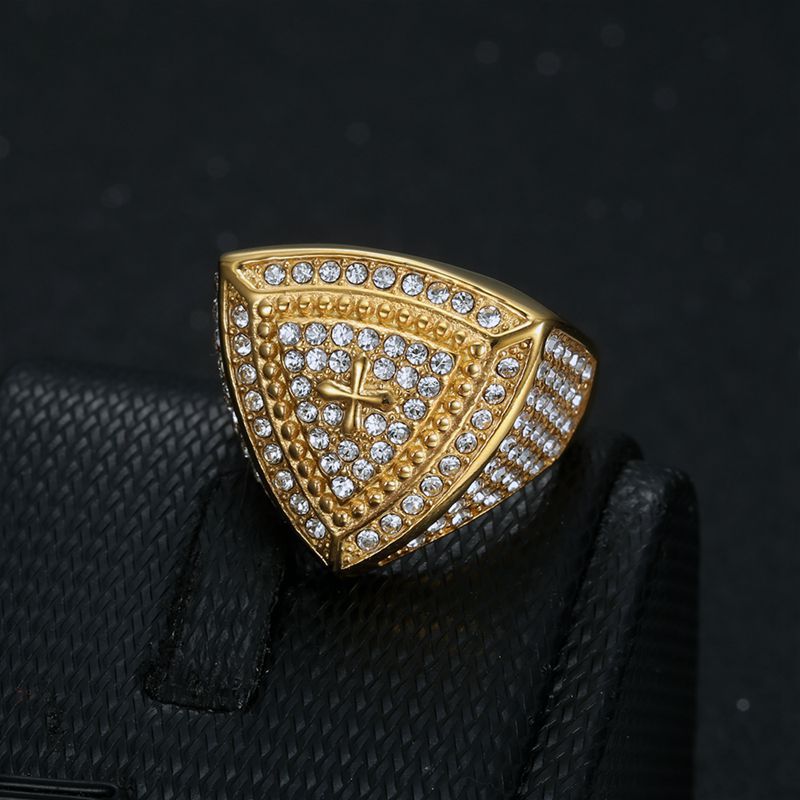 Planderful Hip Hop Ring For Men Stainless Steel Gold Plated Rhinestone Triangular Cross