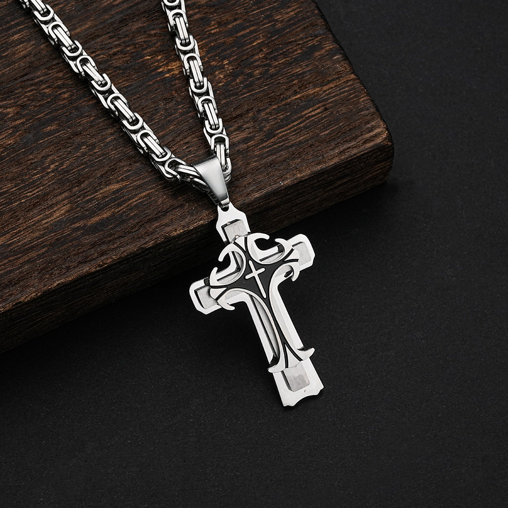 Planderful Three Layer Cross Pendant Necklace Stainless Steel For Men Punk Fashion Accessory
