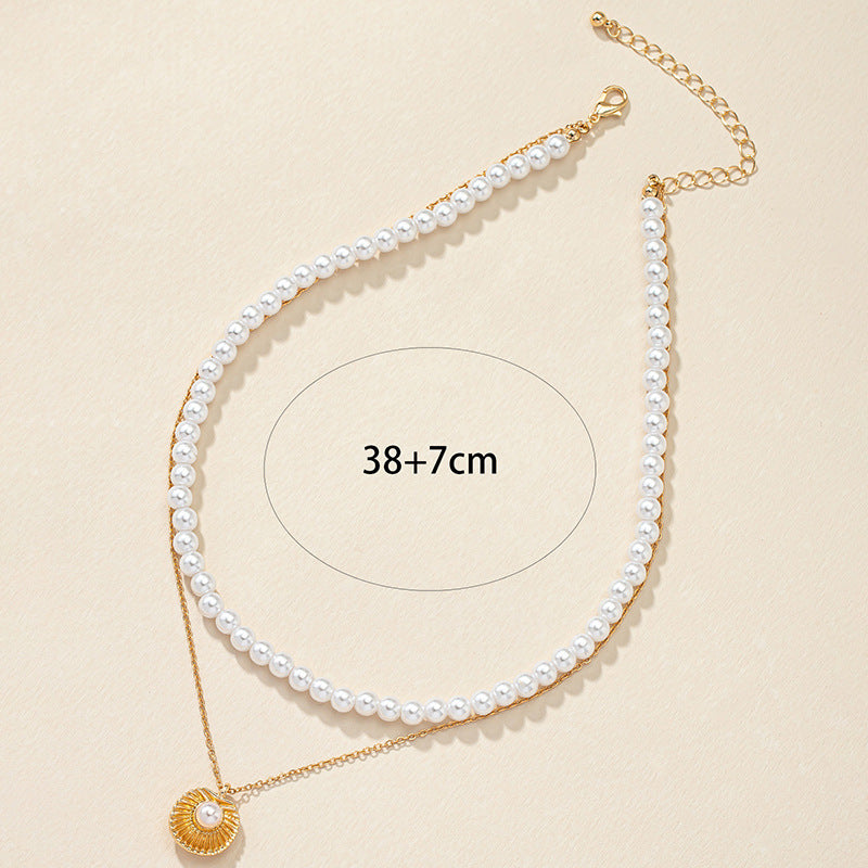 French Elegance Shell Pearl Pendant Necklace for Women with Double Layers