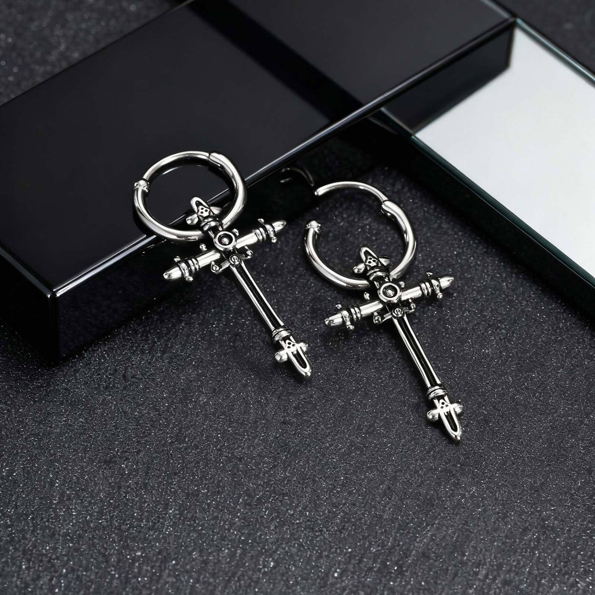 Antique-Silver Ornate Cross Hoop Earring — Single