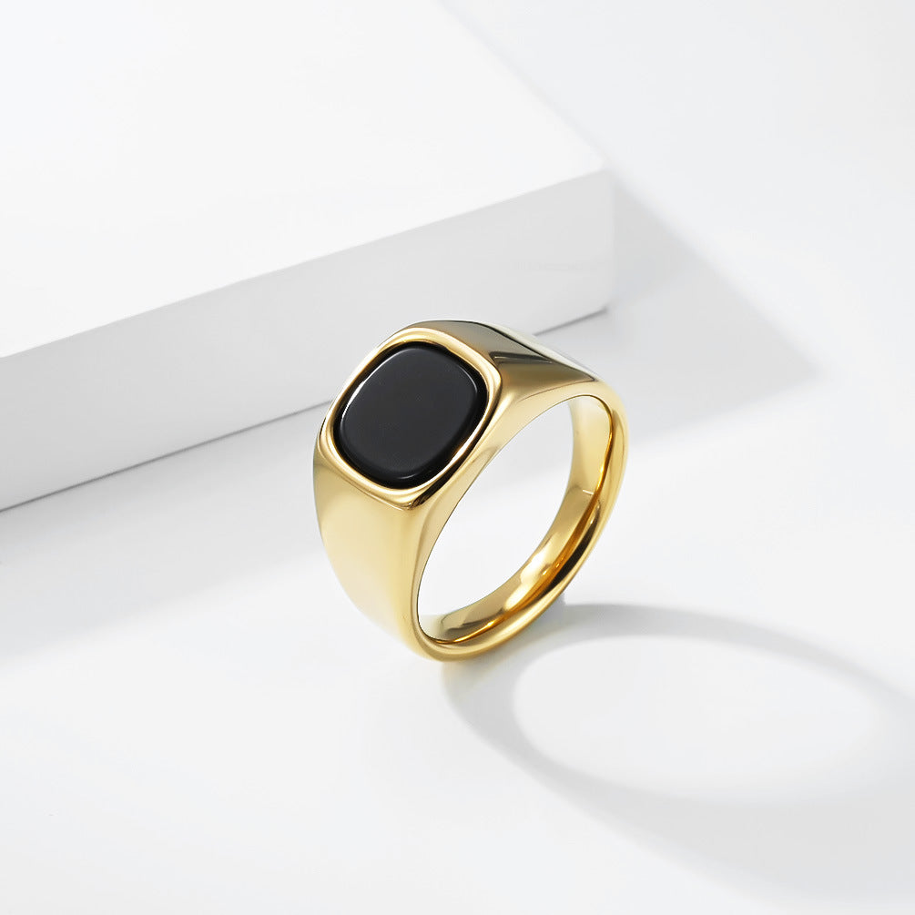 Planderful Everyday Genie Square Black Stone Titanium Steel Ring With Cold Neutral Finish For Unisex Jewelry