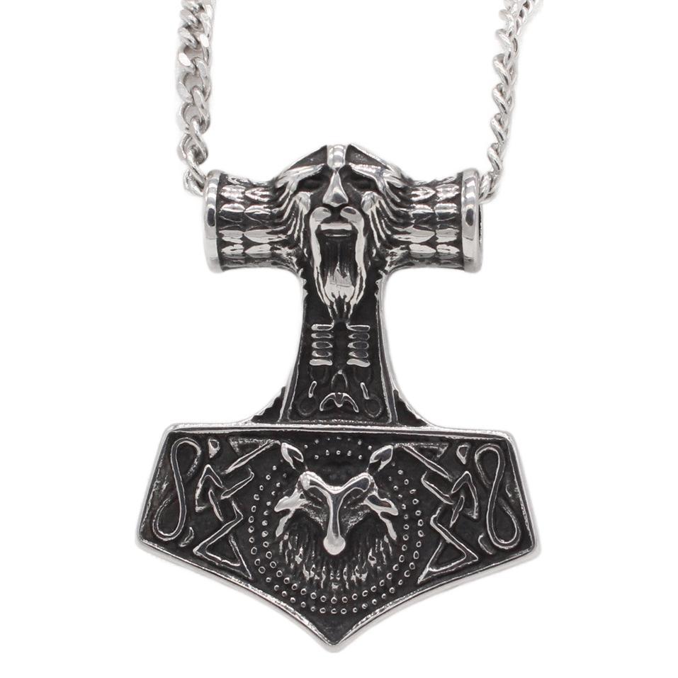 Celtic-Inspired Titanium Steel Wolf Head Pendant with Thor Hammer Design for Men