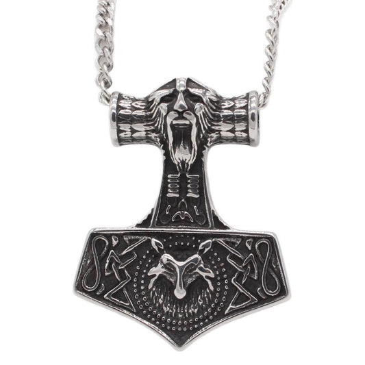 Celtic-Inspired Titanium Steel Wolf Head Pendant with Thor Hammer Design for Men