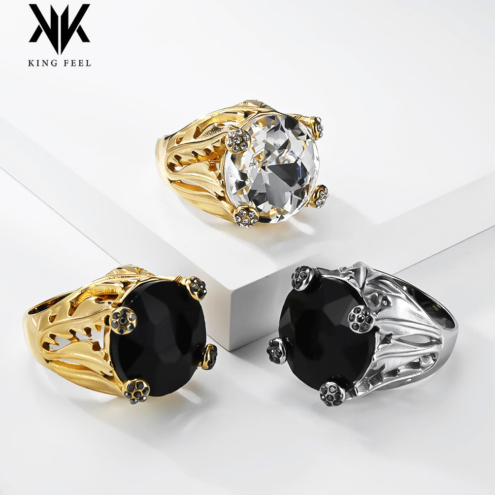 Stainless Steel Gold-Plated Zircon Ring Women's Large Gemstone