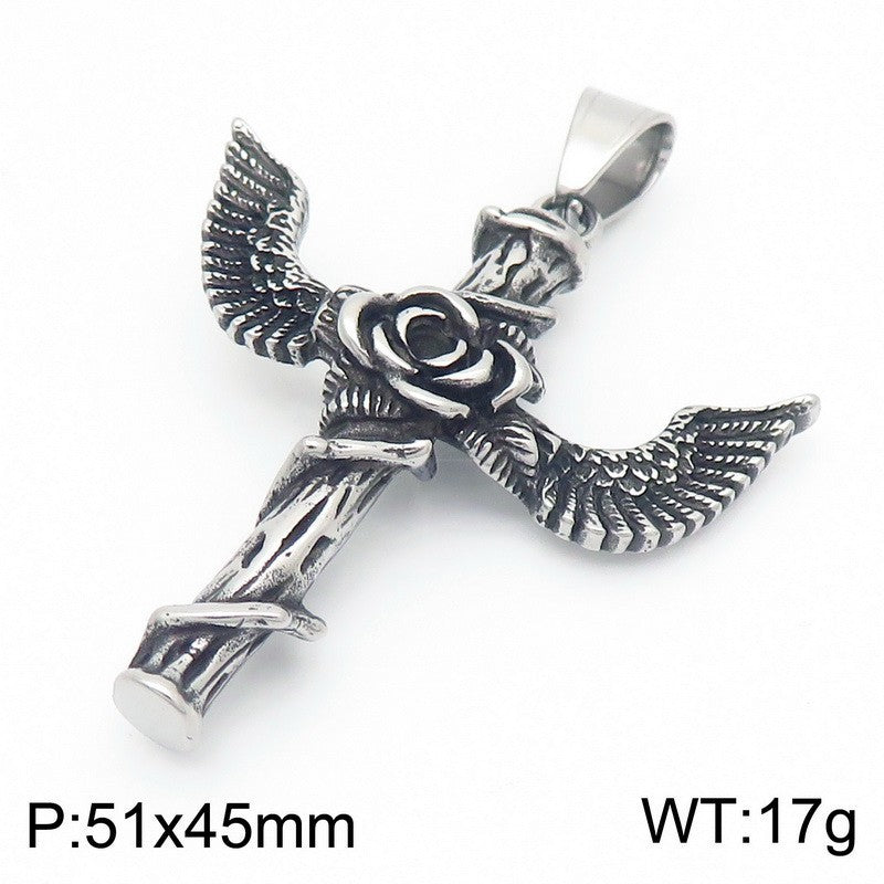 Flying Wings Pendant, Gothic Lion Head Rose Cross Wings Titanium Steel Men's Pendant Necklace