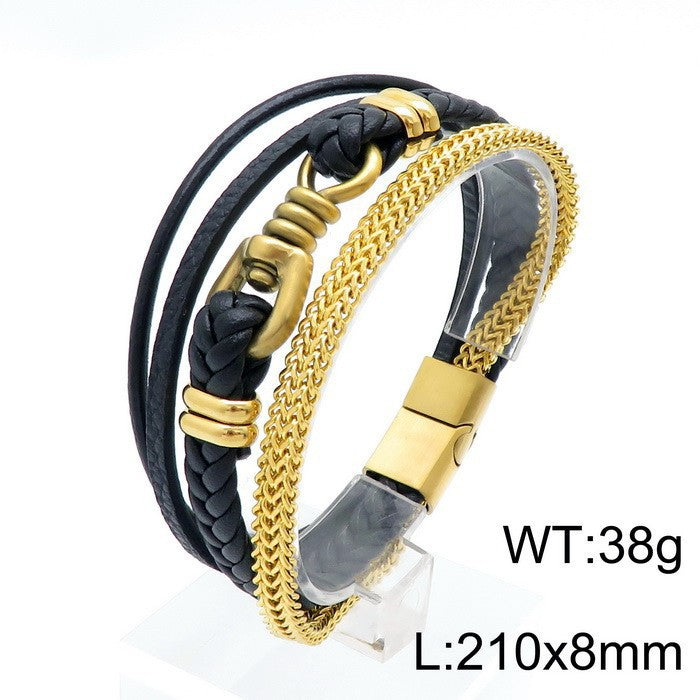 Planderful Men Leather Chain Bracelet Multi Layer Punk