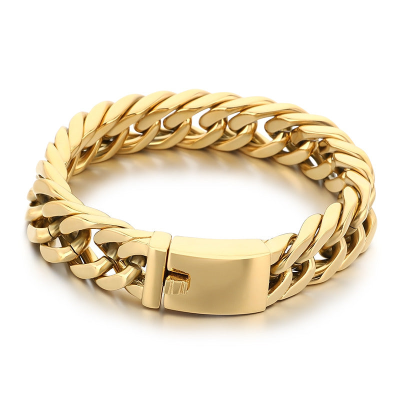Glossy – 15mm Double Woven Four-Sided Grinding Cuban Chain Titanium Steel Men's Casting Bracelet