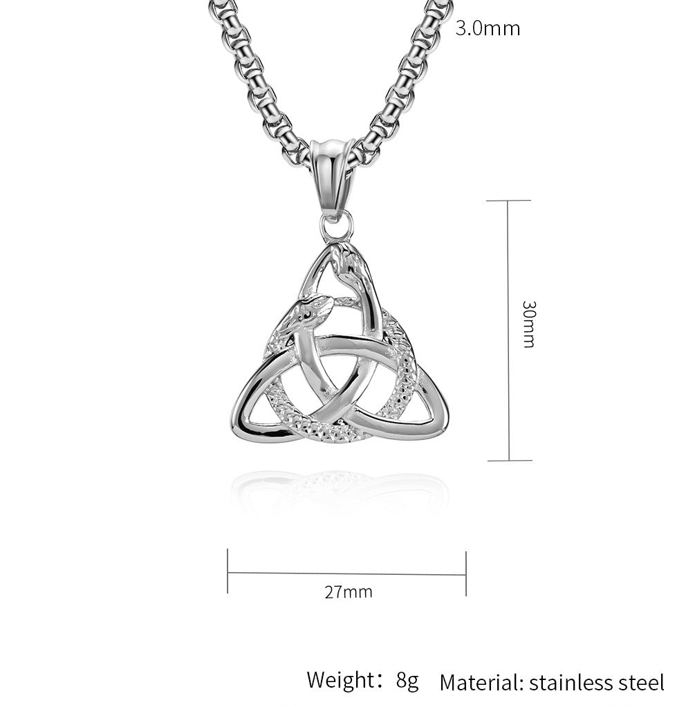 Planderful Viking Double Headed Snake Triangle Knot Necklace For Men Durable Titanium Steel Eternal Knot Pendant
