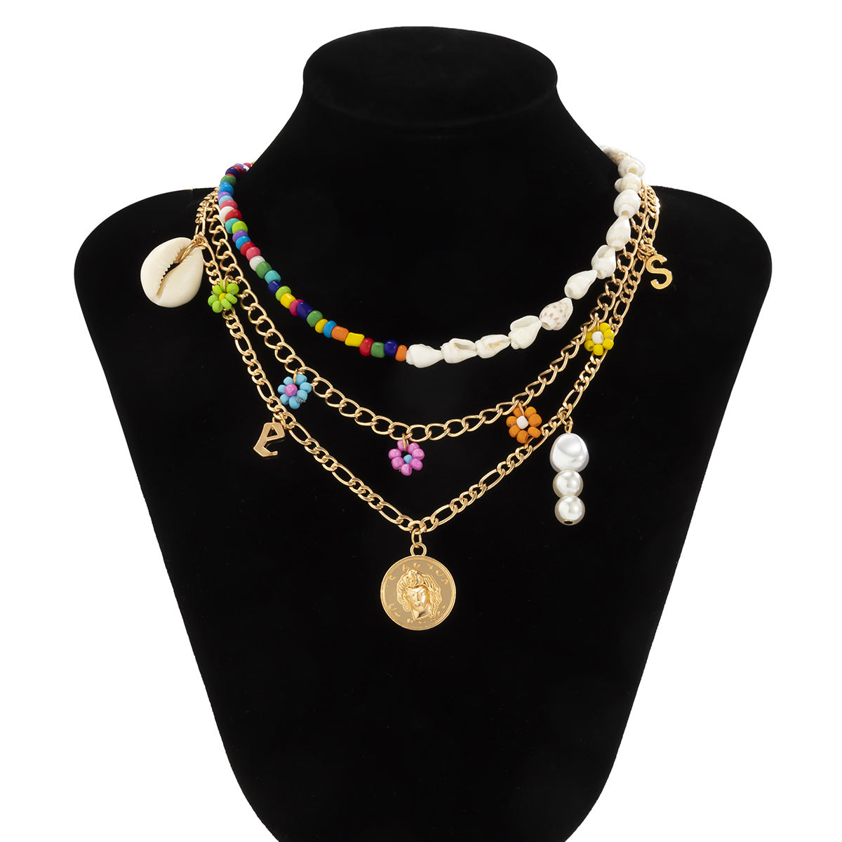 Planderful Vienna Verve Asymmetric Ocean Shell Daisy Fringed Necklace For Women Beaded Statement Necklace