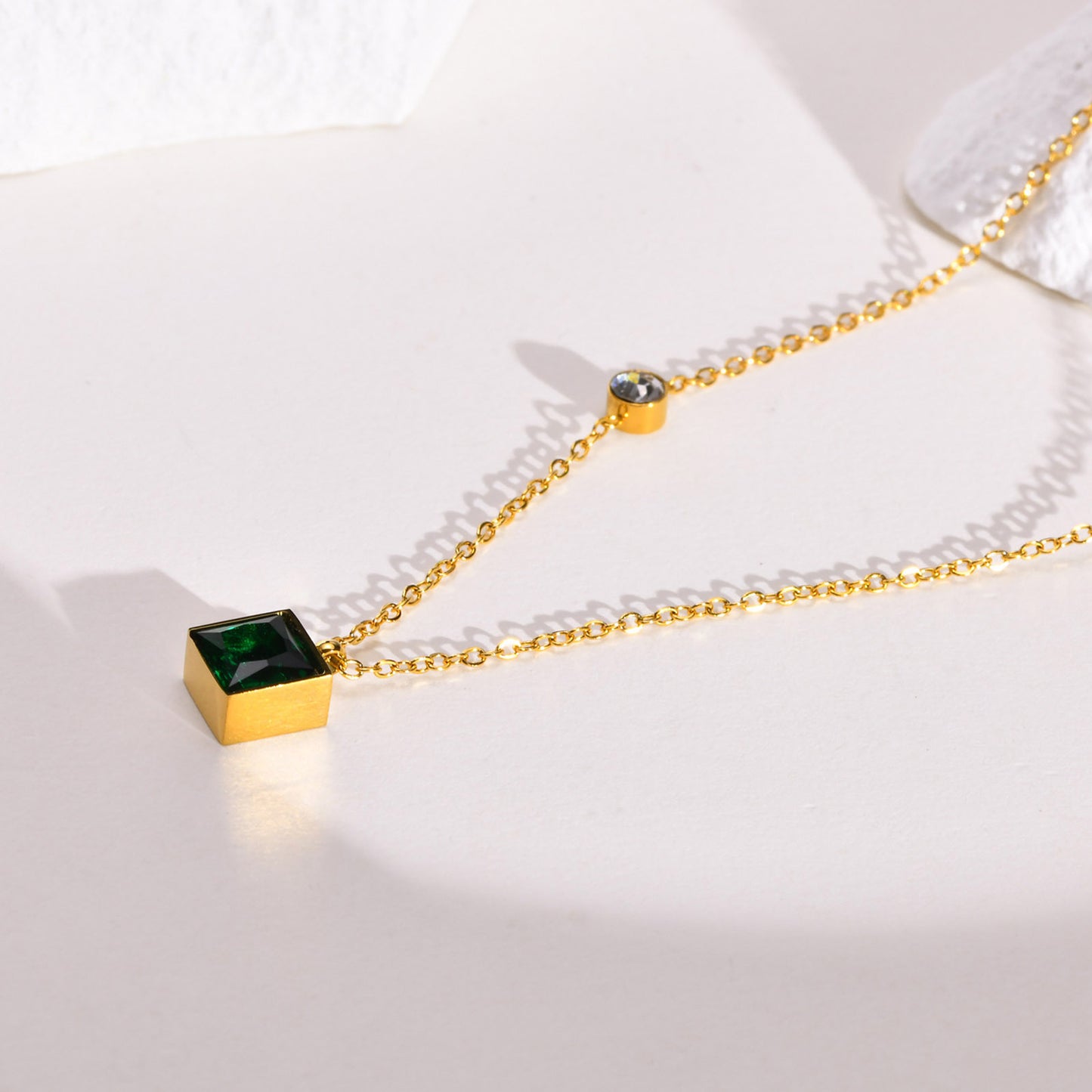 Geometric Necklace Stainless Steel Green Zircon Square Gold Women