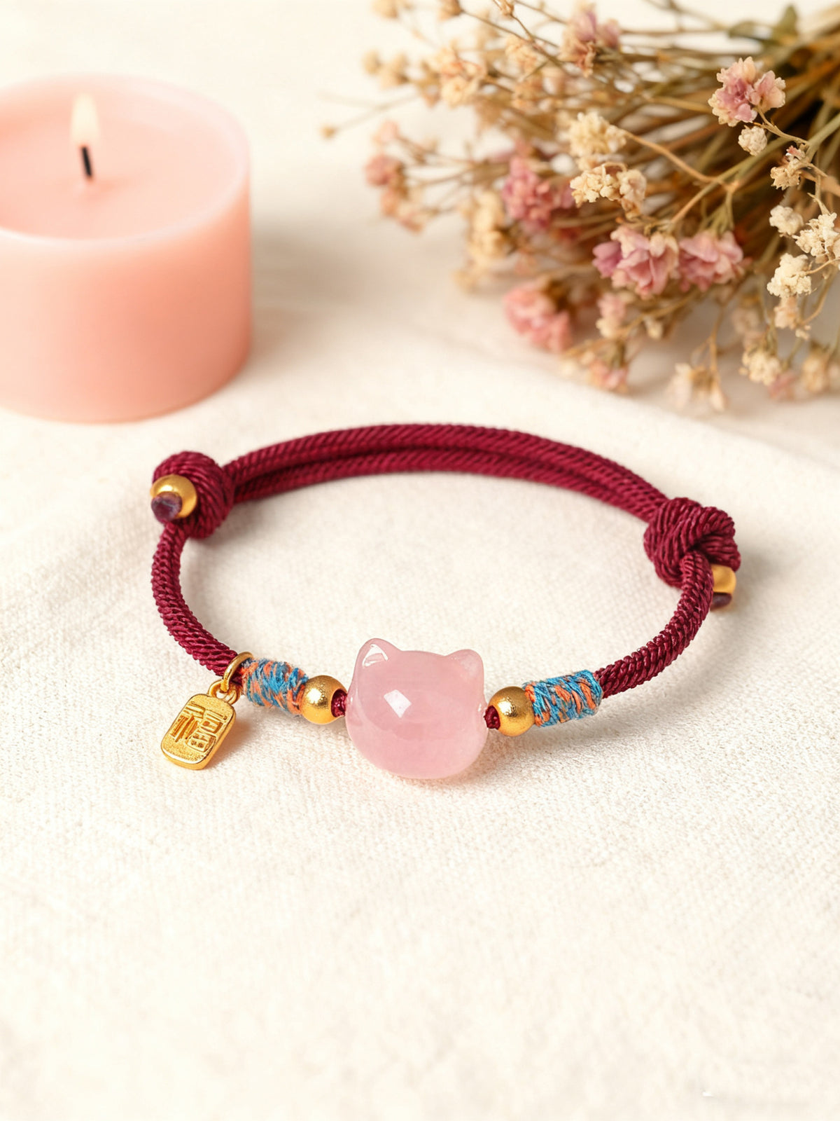 Rose Quartz Crystal Cat Braided Bracelet