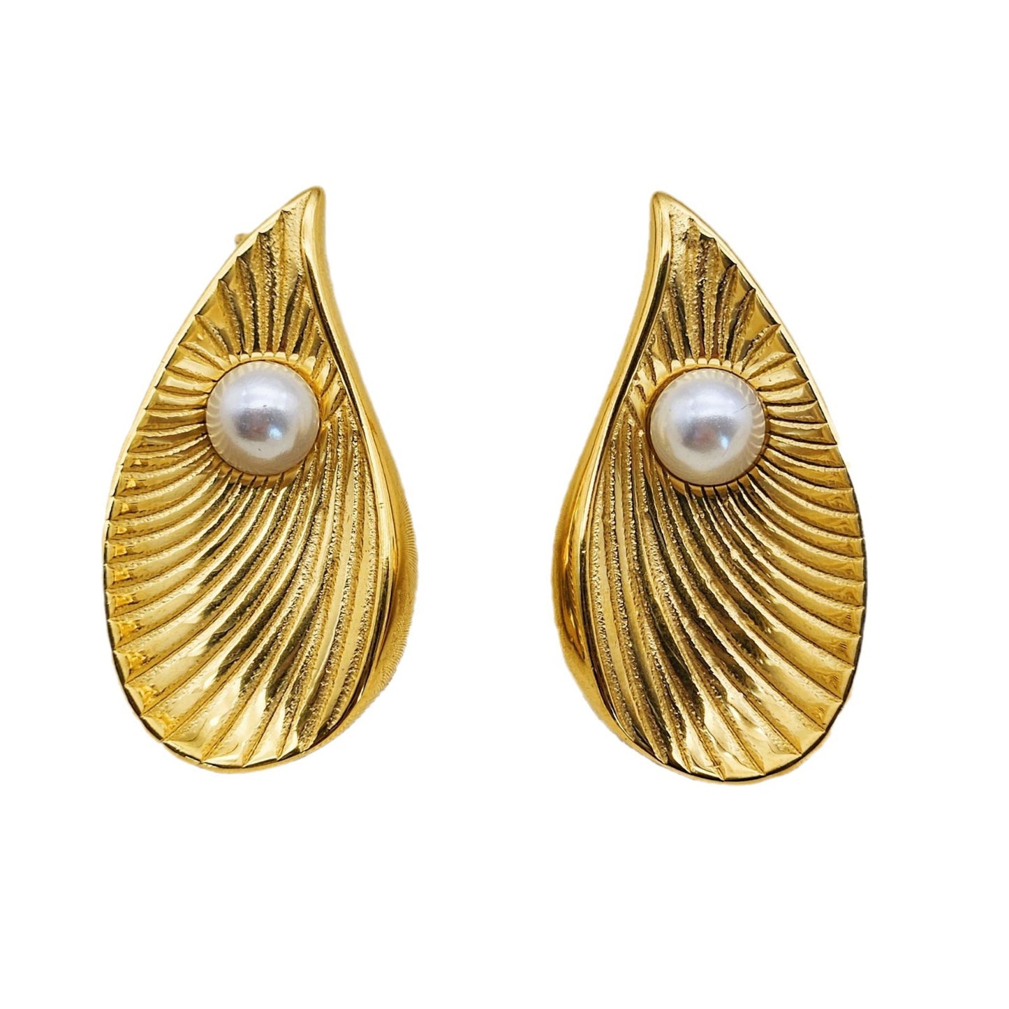 Planderful Everyday Genie Steel Earrings Pearl Ginkgo Biloba Stripe Statement Retro Court Style For Women