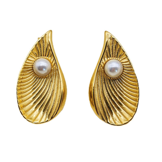 Planderful Everyday Genie Steel Earrings Pearl Ginkgo Biloba Stripe Statement Retro Court Style For Women