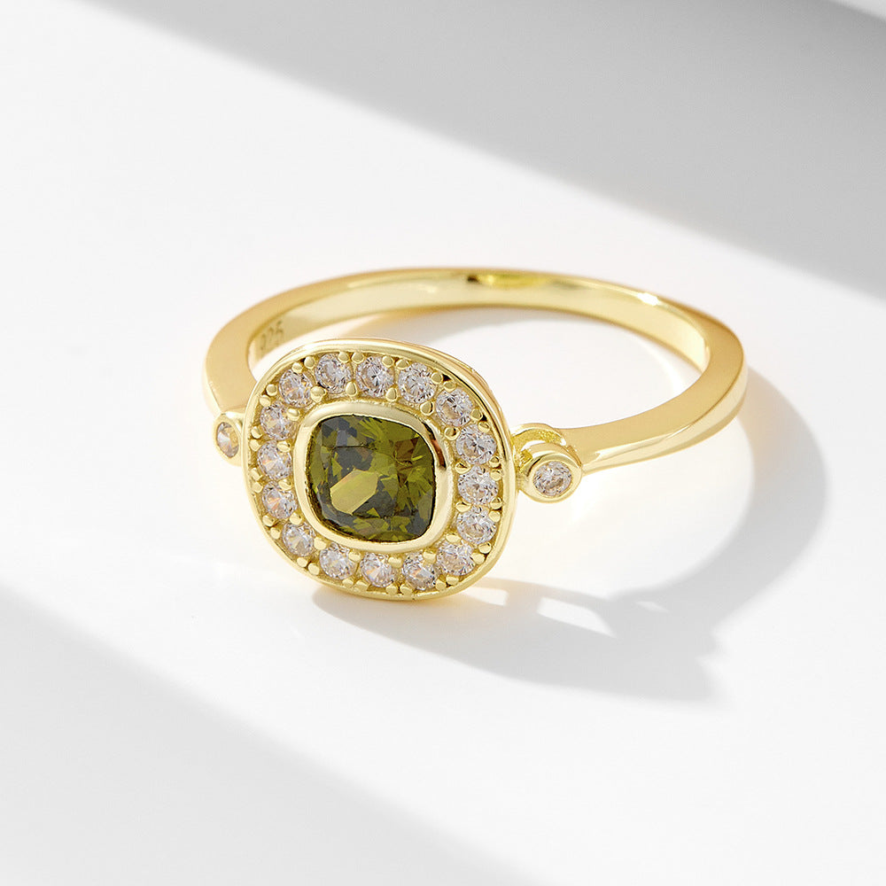 S925 Sterling Silver Oval Olive Green Zircon Ring Retro Index Finger Tail Ring