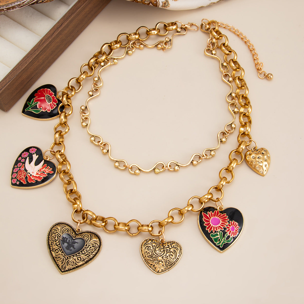 Flower & Heart Gemstone-Style Layered Necklace