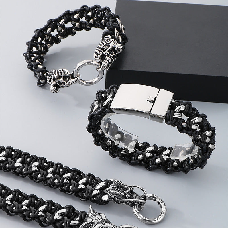 Planderful Mens Woven Leather Skull Bracelet Dragon Head