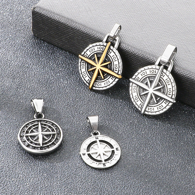 Compass Round, Punk Style Retro Coin Compass Stainless Steel Men's Pendant Necklace