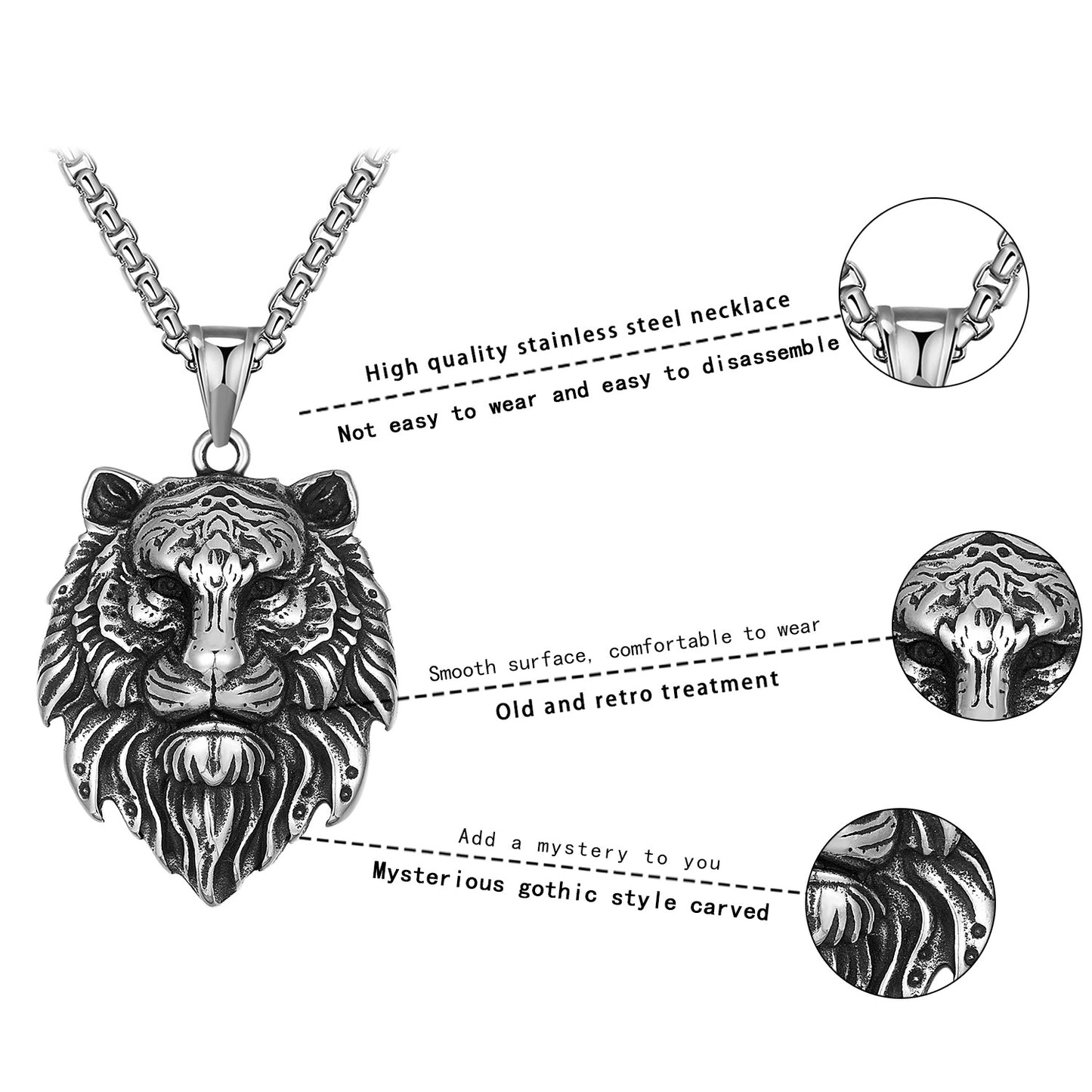 Stainless Steel Necklace – Statement Lion Head Pendant