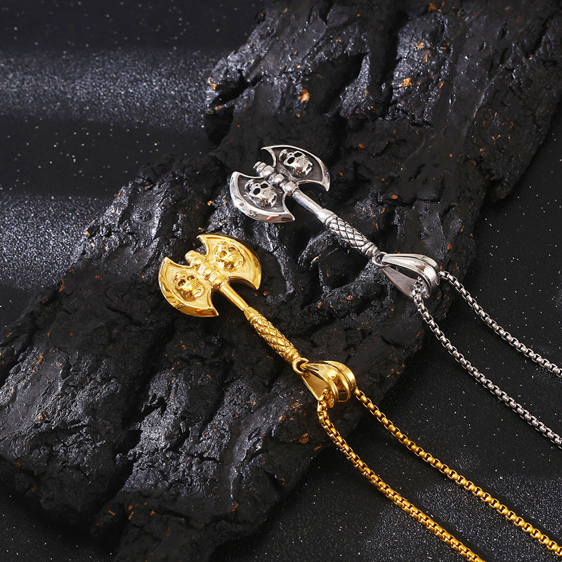 Punk Style Skull Pendant with Axe - Retro Titanium Steel Pendant for Men