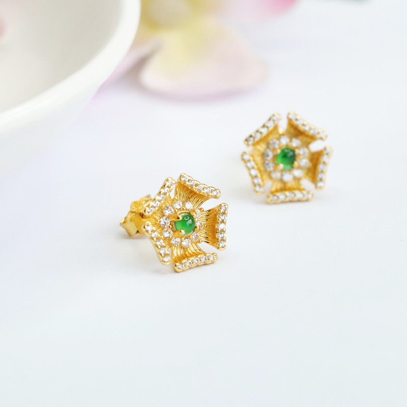 Icy Green Jadeite Five-Petal Flower Stud Earrings