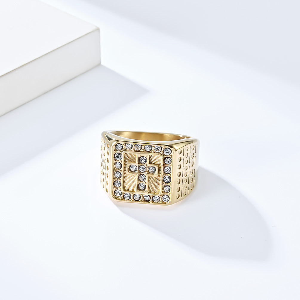 Planderful Hip Hop Mens Cross Ring Titanium Steel Plated 18K Gold Zircon Premium Light Luxury Jewelry