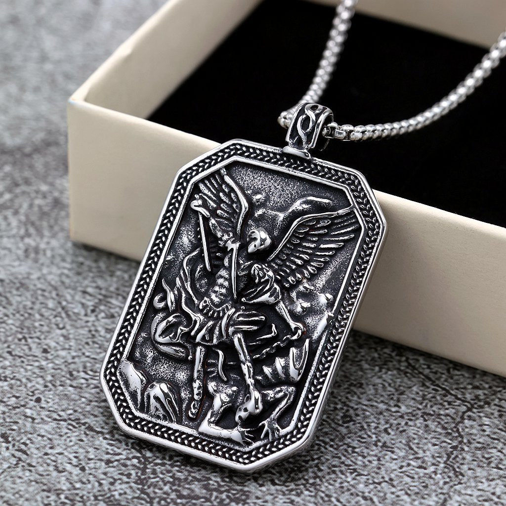 Vintage St. Michael Angel Stainless Steel Pendant Necklace