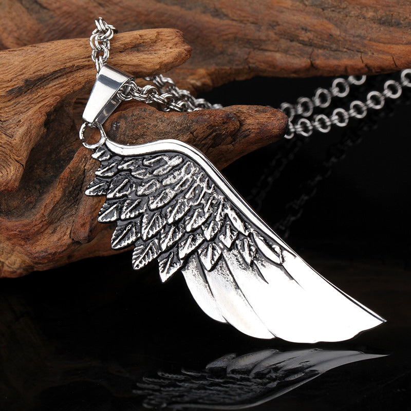 Titanium Steel Feather Pendant with Angel Wings for Men – European and American Fashion Design