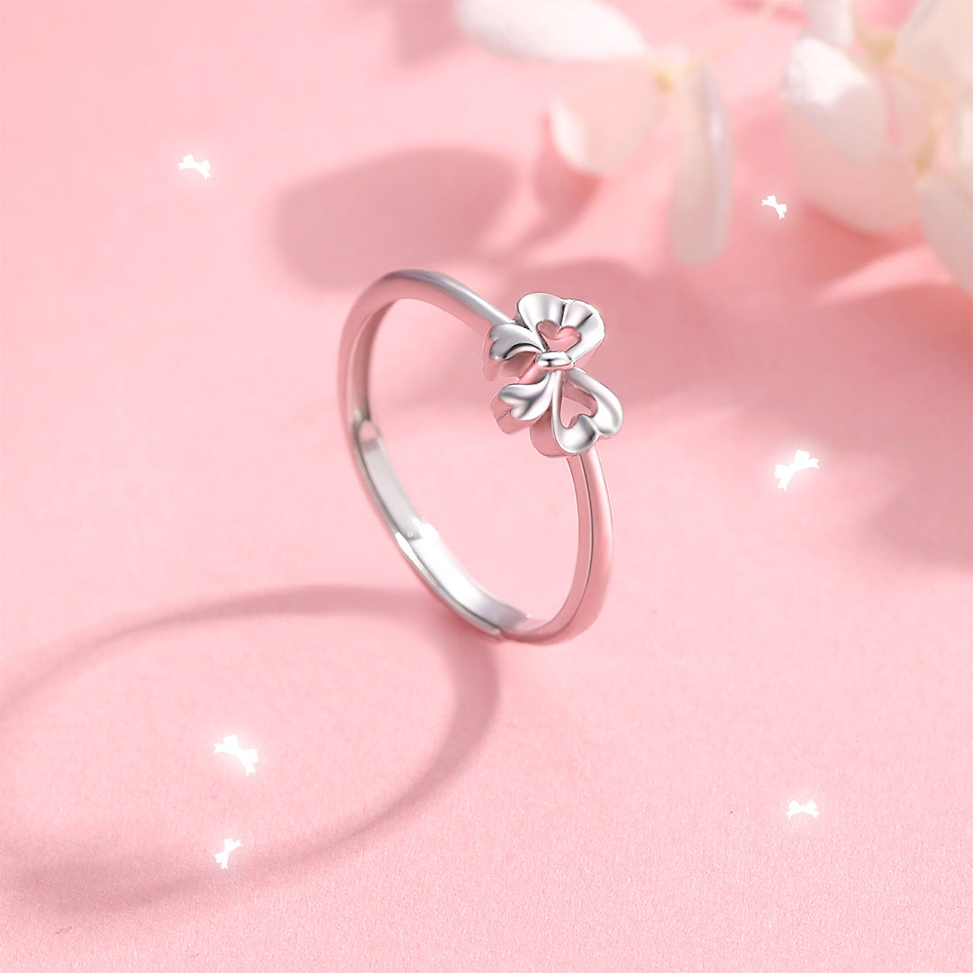 Planderful S925 Sterling Silver Love Bow Ring For Women Adjustable Opening Versatile High End Jewelry