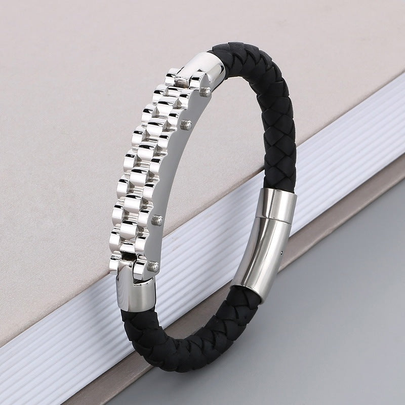 Business Style Strap Chain Woven Leather Rope Bracelet – Stainless Steel Bicycle Chain