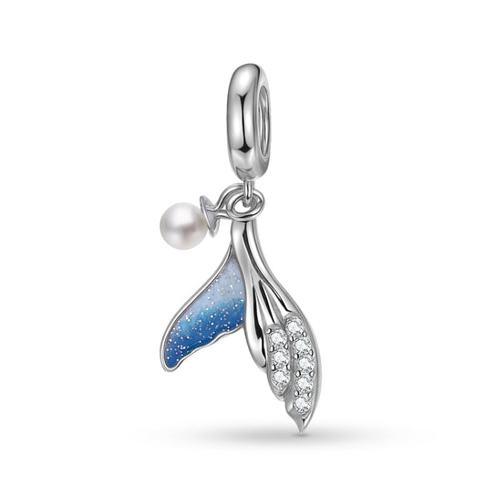 Planderful Jewelry Sterling Silver Pearl Mermaid Tail Pendant Necklace With Zircon Inlay