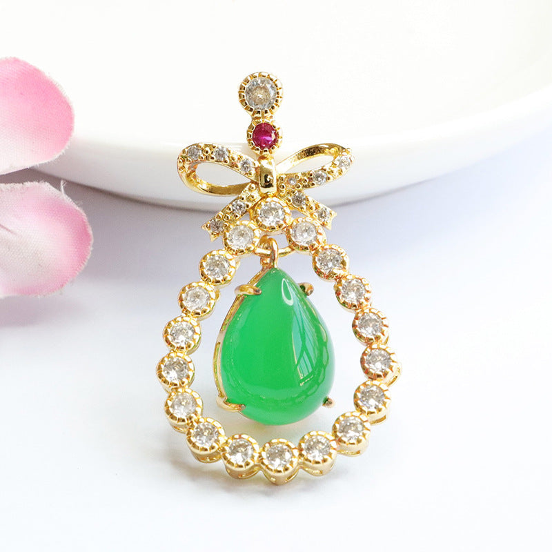 Green Chalcedony Necklace with Zircon Pendant and Sterling Silver Bow